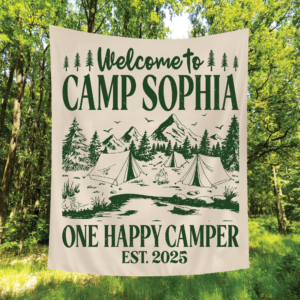 Camping First Birthday Tapestry – One Happy Camper Banner