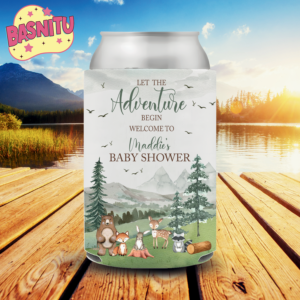 Let The Adventure Begin Can Cooler, Personalized Baby Shower Can Sleeve, Camping Baby Shower Coozie
