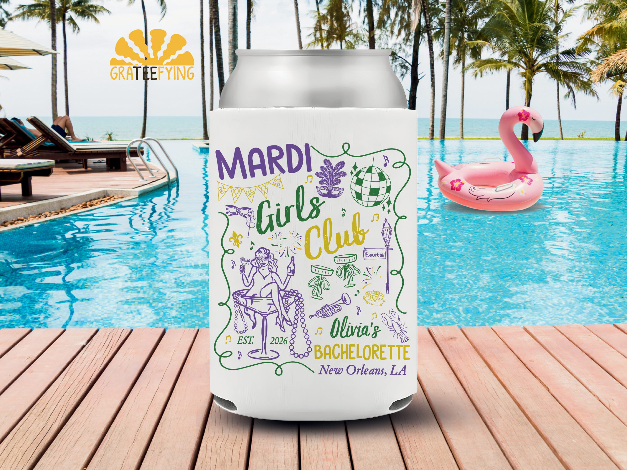 Mardi Girls Club Party Can Cooler, Mardi Gras Bachelorette Can Cooler Mardi Girls Club Party Can Cooler, Mardi Gras Bachelorette Can Cooler