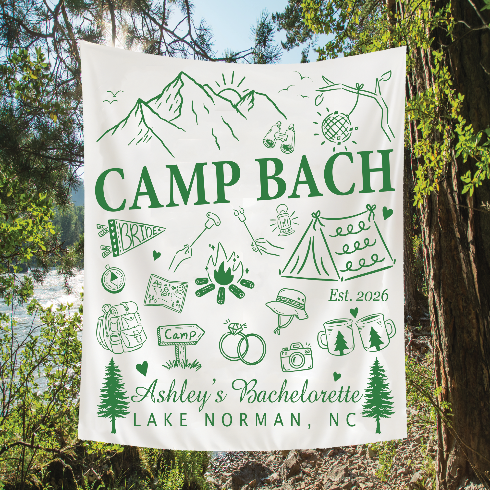 Custom Camp Bachelorette Tapestry, Outdoor Bachelorette Party Banner Custom Camp Bachelorette Tapestry, Outdoor Bachelorette Party Banner