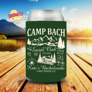 Custom Camp Bachelorette Can Cooler – Camping Party Coozie