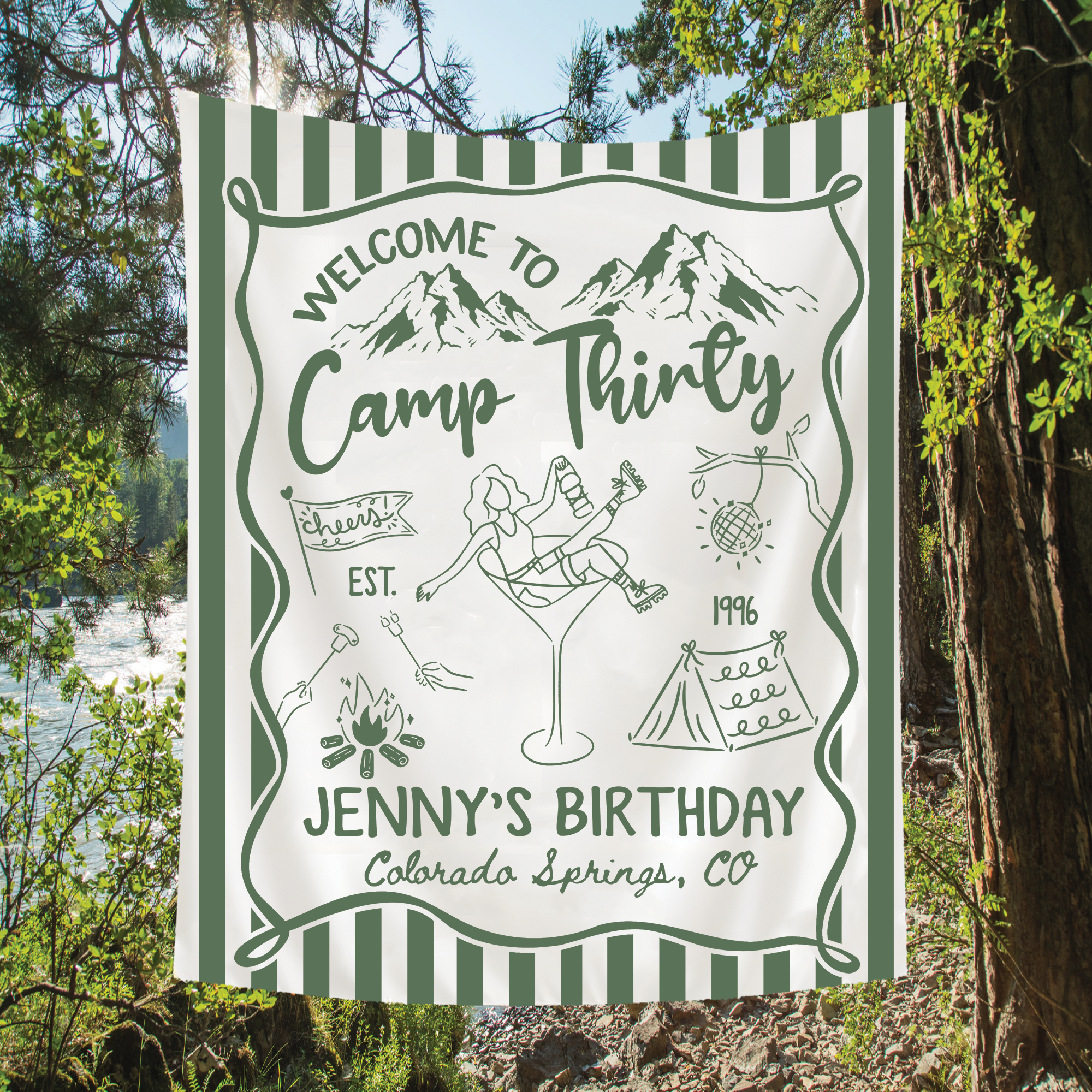 Personalized Camp Birthday Tapestry – Glamping Backdrop Personalized Camp Birthday Tapestry – Glamping Backdrop