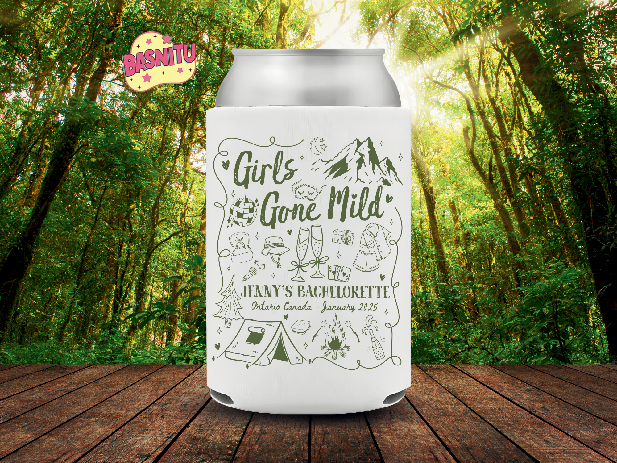 Camp Bachelorette Girls Gone Mild Can Cooler – Ultimate Bridesmaid Gift Camp Bachelorette Girls Gone Mild custom can cooler for lake bachelorette and wedding can coolers