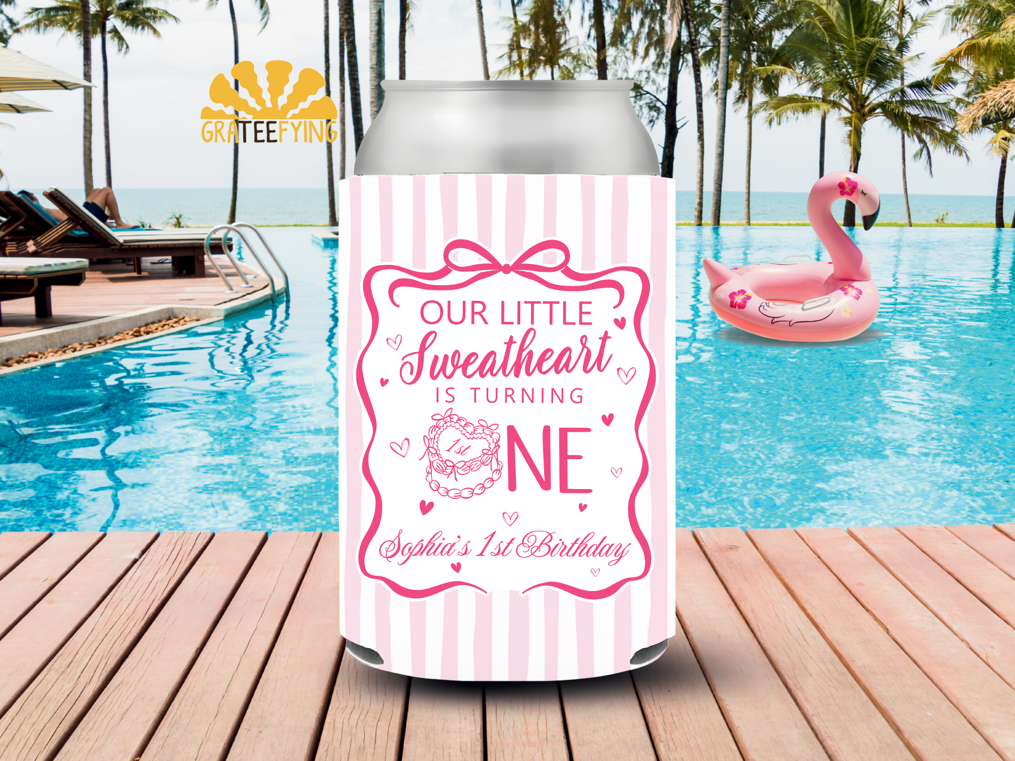 Little Sweetheart 1st Birthday Can Cooler – Our Little Sweetheart Is Turning One Party Favor little sweetheart 1st birthday can cooler custom party favor