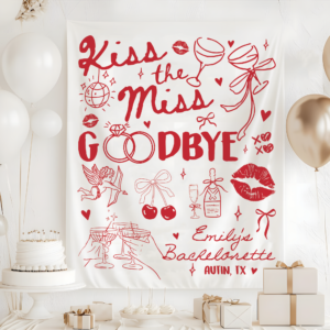 Kiss The Miss Goodbye Bachelorette Tapestry, Kiss The Miss Goodbye Bridal Shower Decor