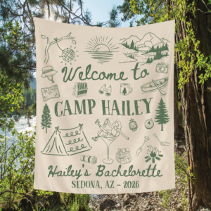 Personalized Camping Bachelorette Tapestry – Custom Camp Bach Banner