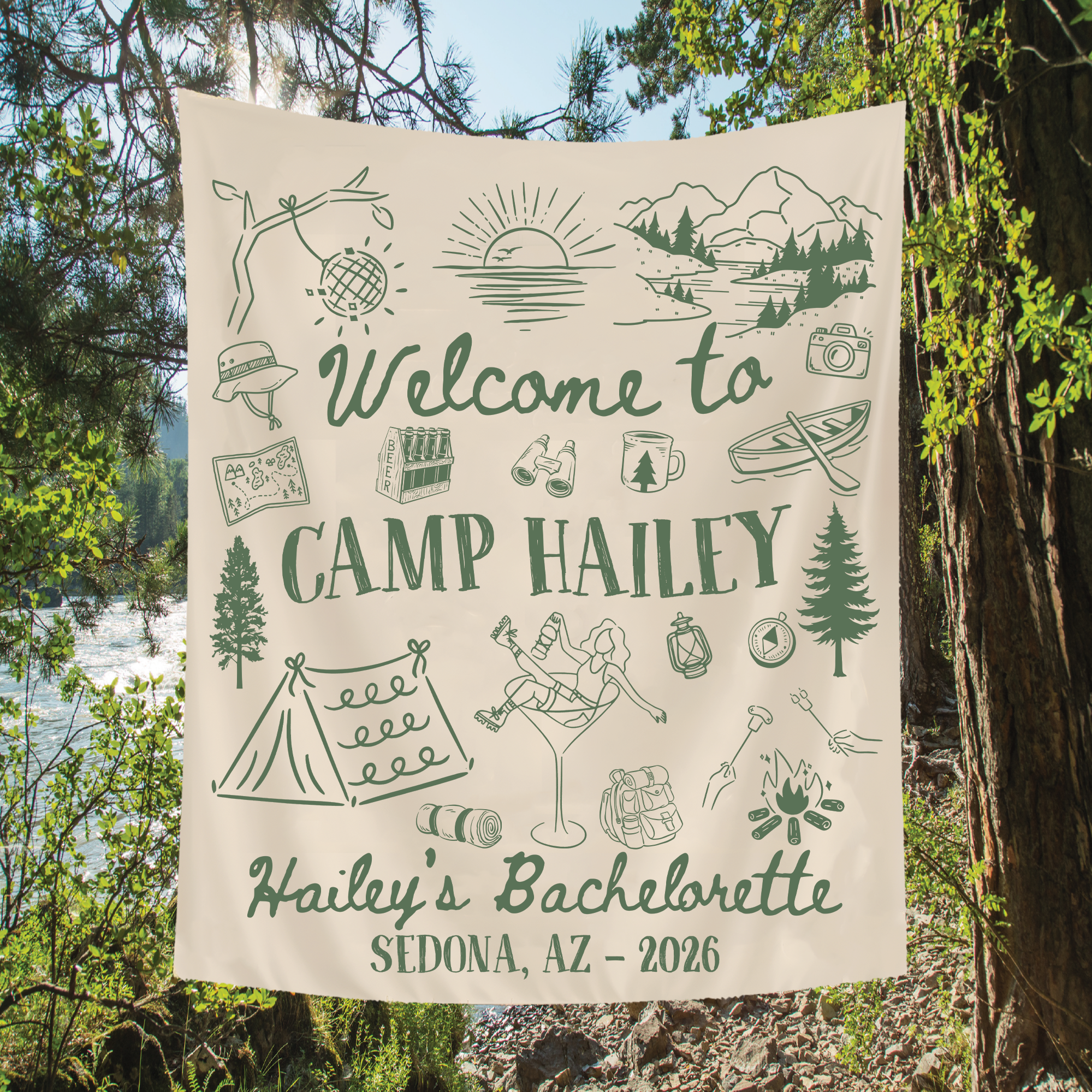 Personalized Camping Bachelorette Tapestry – Custom Camp Bach Banner Personalized Camping Bachelorette Tapestry – Custom Camp Bach Banner