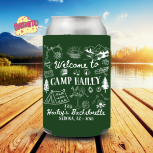 Personalized Camping Bachelorette Can Cooler, Custom Camp Bach Coozie