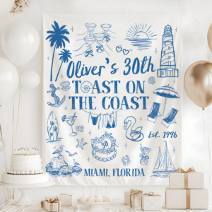 Custom 30th Birthday Party Tapestry – Stunning Beach Theme Toast on the Coast Banner