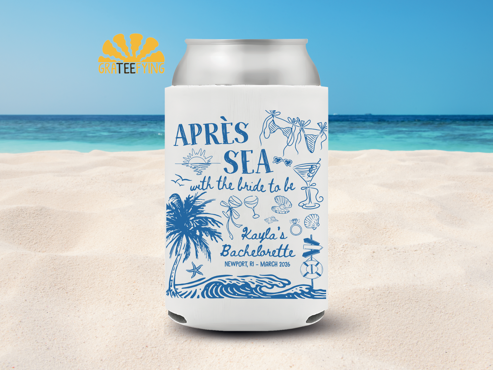 Apres Sea With the Bride Can Cooler – Beach Bachelorette Coozie Apres Sea With the Bride Can Cooler – Beach Bachelorette Coozie