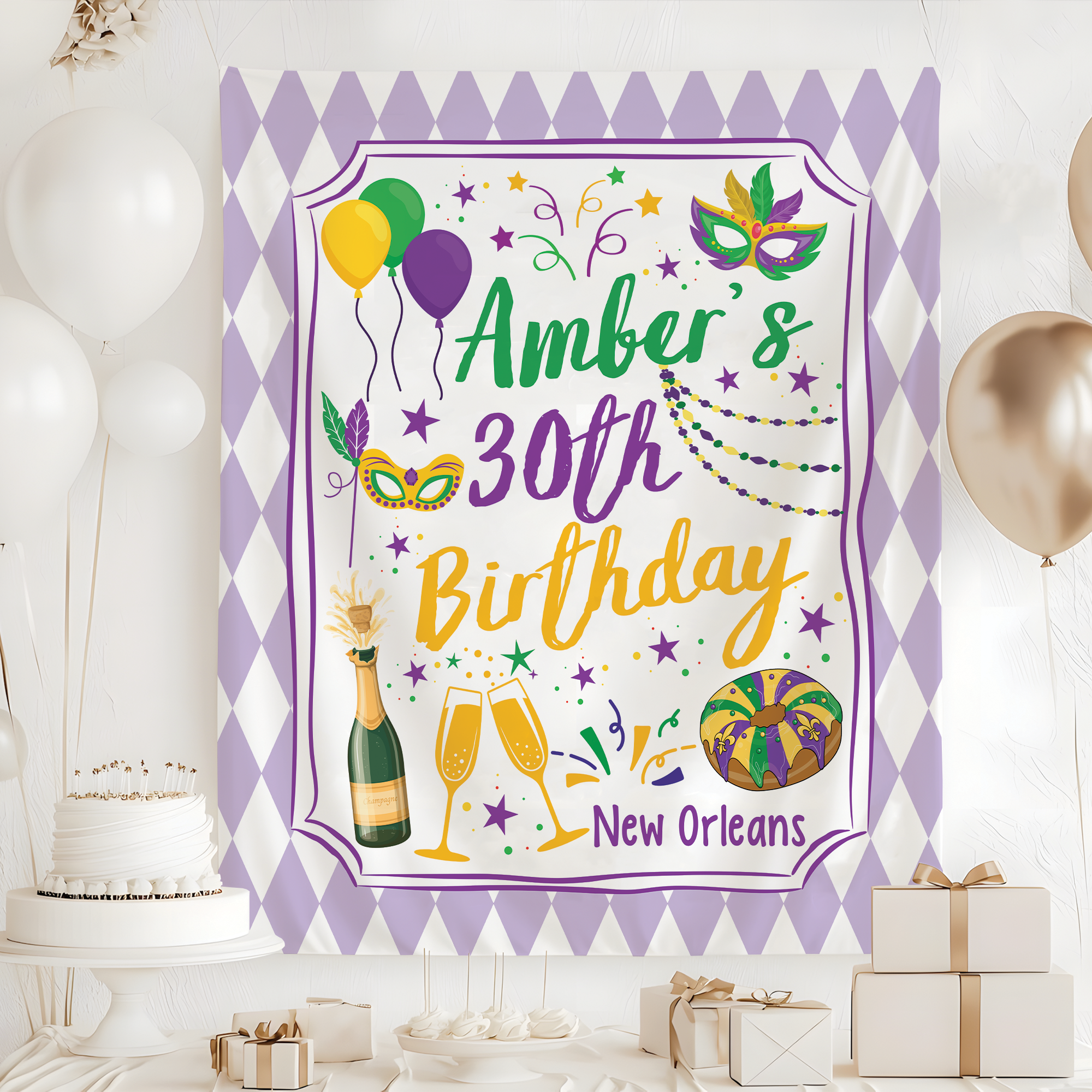 New Orleans Birthday Tapestry – Mardi Gras Party Backdrop New Orleans Birthday Tapestry – Mardi Gras Party Backdrop