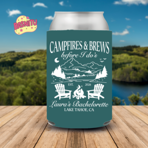 Campfires and Brews Before I Dos Can Cooler, Custom Camping Bachelorette Party Can Coozie