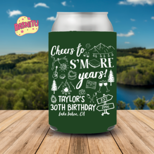 Cheers to S'more Years Birthday Can Cooler, Camping Birthday Party Can Coozie