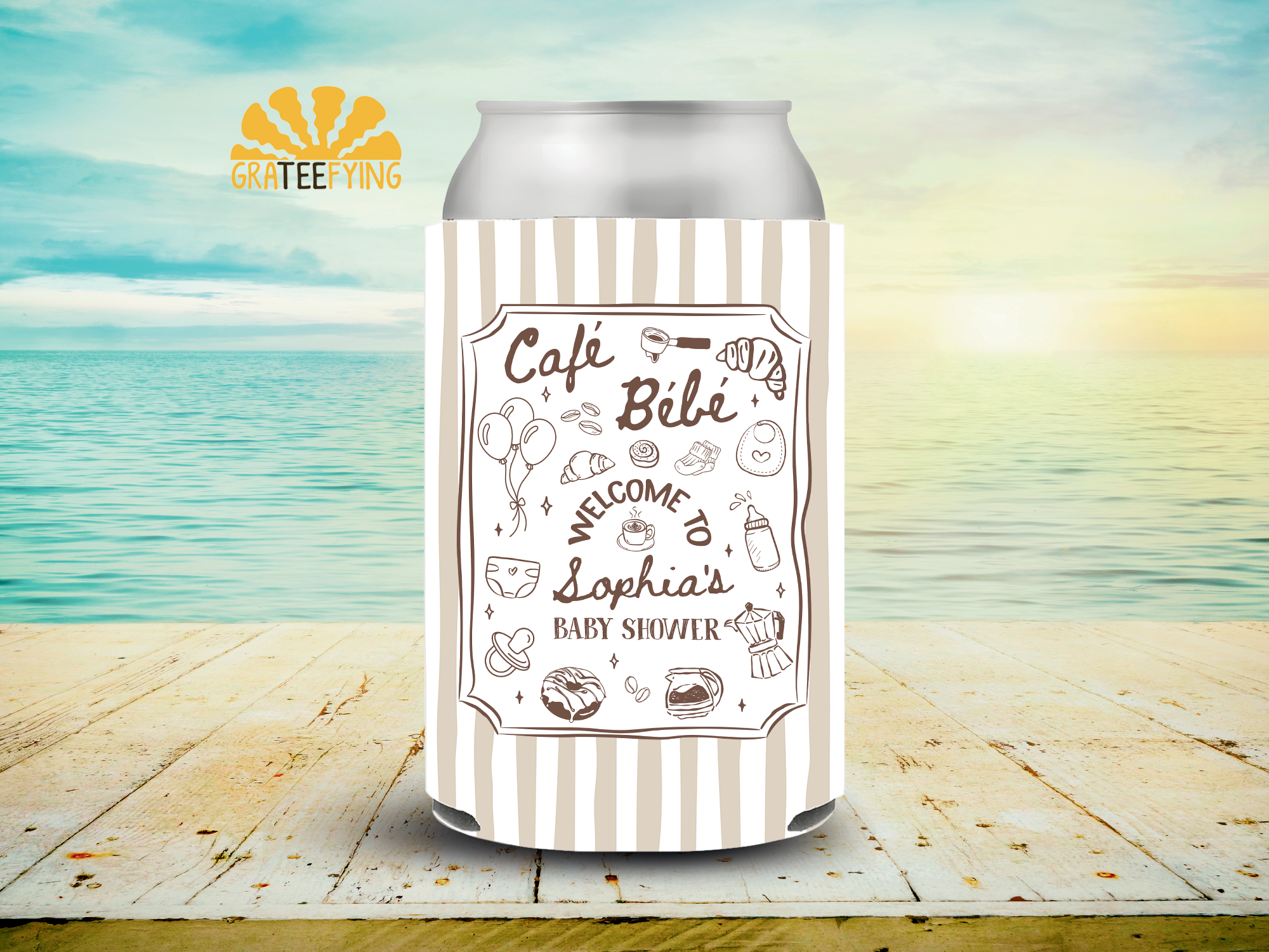 Cafe Bebe Baby Shower Party Can Cooler, Parisian Cafe Theme Coozie Cafe Bebe Baby Shower Party Can Cooler, Parisian Cafe Theme Coozie