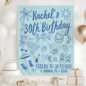 Personalized Beach Birthday Party Tapestry, Cheers To 30 Years Banner
