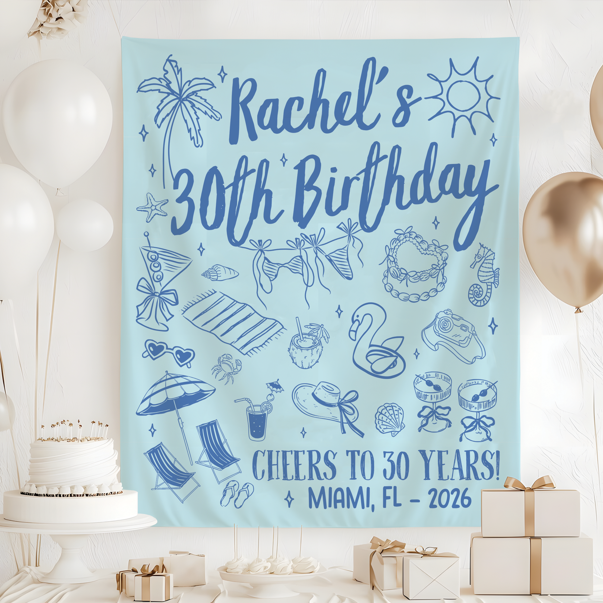 Personalized Beach Birthday Party Tapestry, Cheers To 30 Years Banner Personalized Beach Birthday Party Tapestry, Cheers To 30 Years Banner