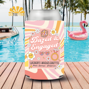 Dazed and Engaged Hippie Bachelorette Can Cooler, Custom Retro 70s Engagement Coozie