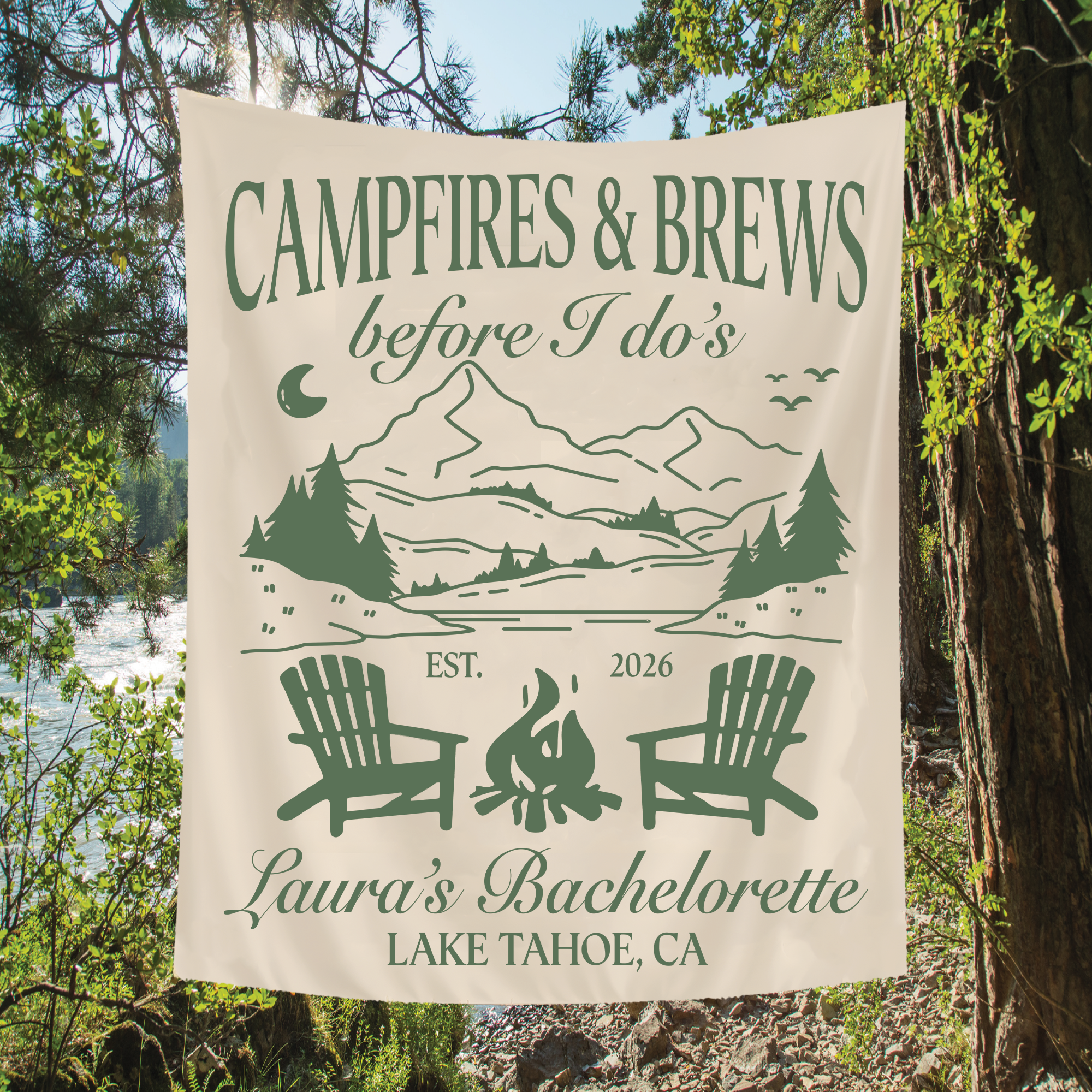 Campfires and Brews Before I Dos Tapestry – Camping Bachelorette Banner Campfires and Brews Before I Dos Tapestry – Camping Bachelorette Banner
