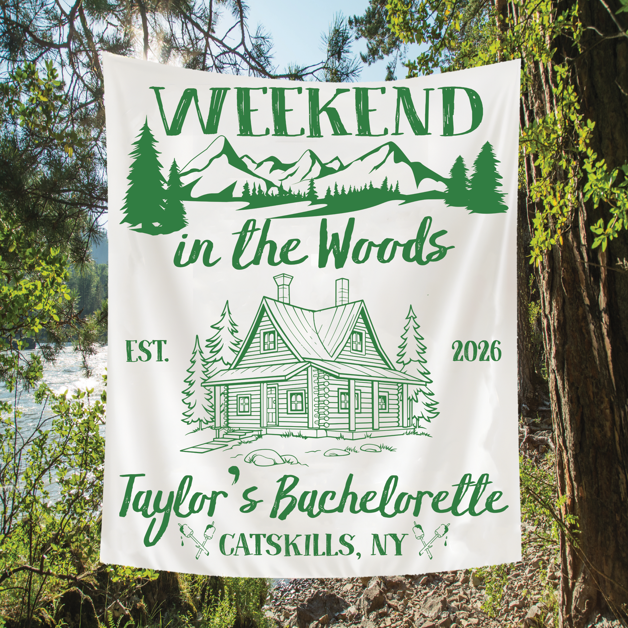 Weekend In The Woods Bachelorette Tapestry, Custom Cabin Bachelorette Banner Weekend In The Woods Bachelorette Tapestry, Custom Cabin Bachelorette Banner
