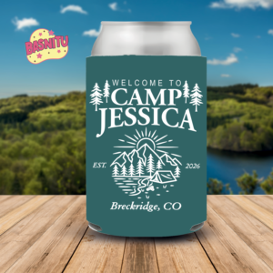 Personalized Camping Bachelorette Can Cooler, Camping Birthday Can Coozie