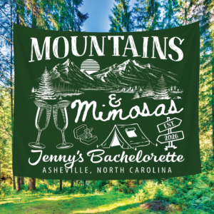 Mountains and Mimosas Bachelorette Party Tapestry, Camping Themed Bach Banner
