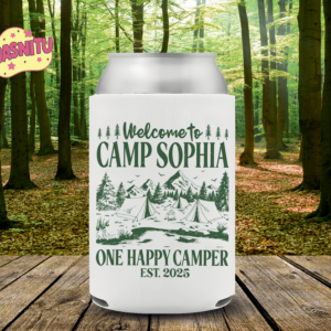 Custom Camping Birthday Can Cooler, One Happy Camper Birthday Party Coozie