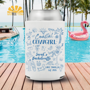 Coastal Cowgirl Bachelorette Can Cooler – trendy western bridal shower sleeve with custom name and beach cowgirl design