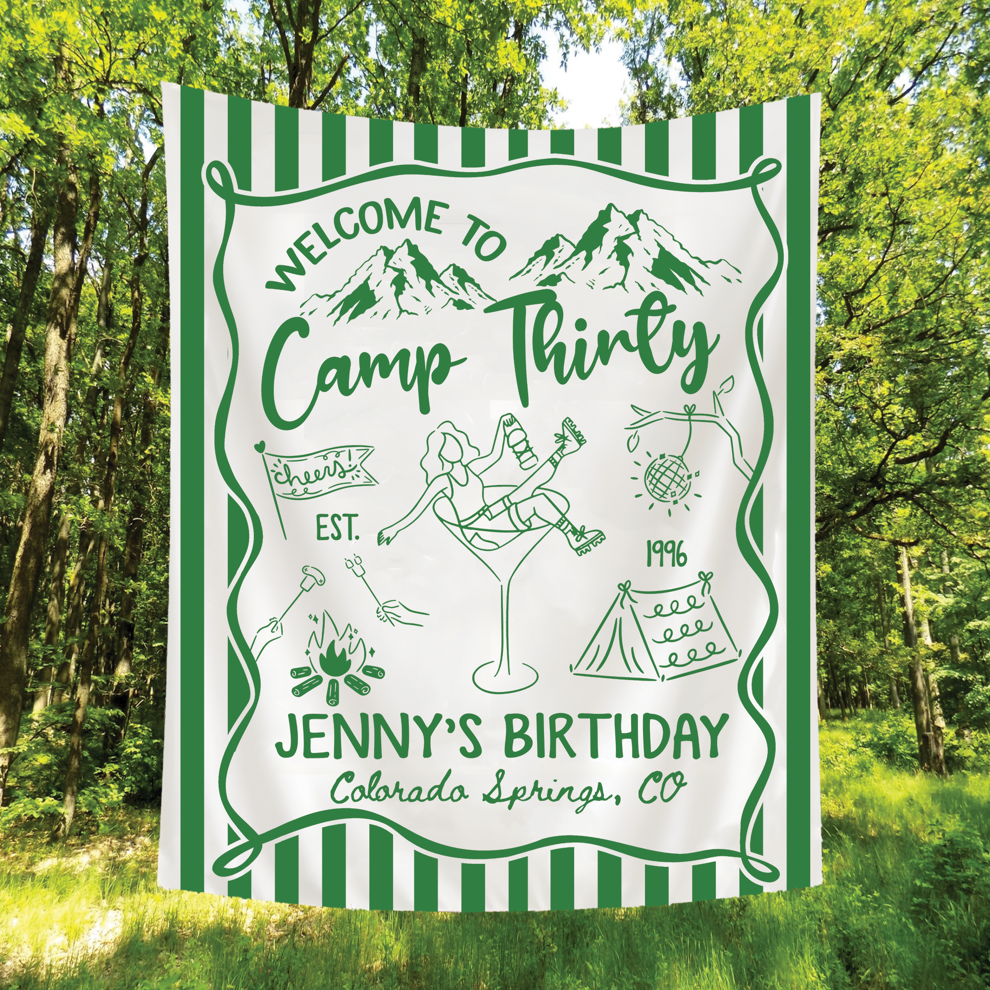 Personalized Camp Birthday Tapestry – Glamping Backdrop Personalized Camp Birthday Tapestry – Glamping Backdrop - Image 2