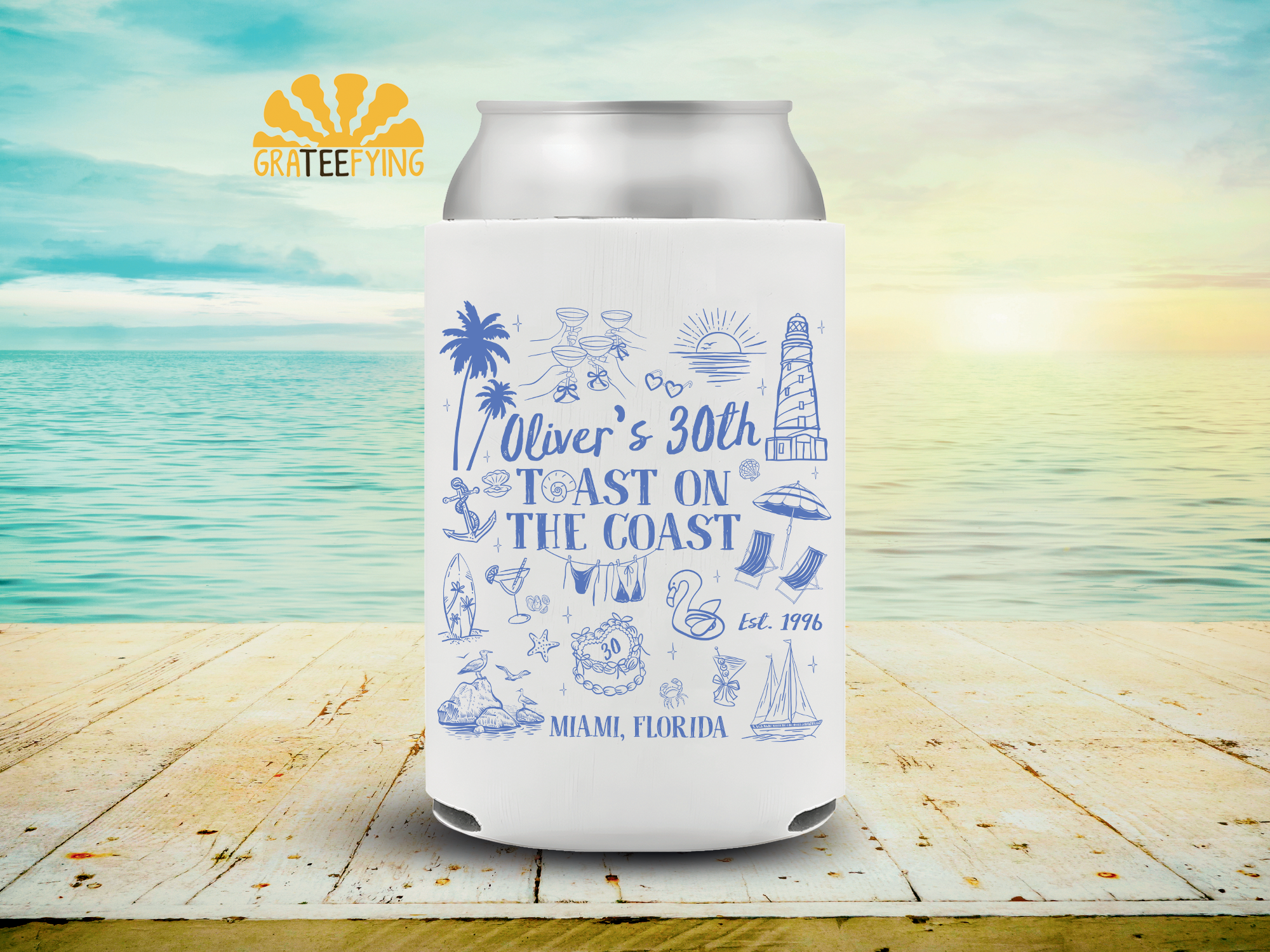 Custom 30th Birthday Party Can Cooler – Toast on the Coast Coozie Custom 30th Birthday Party Can Cooler – Toast on the Coast Coozie - Image 2