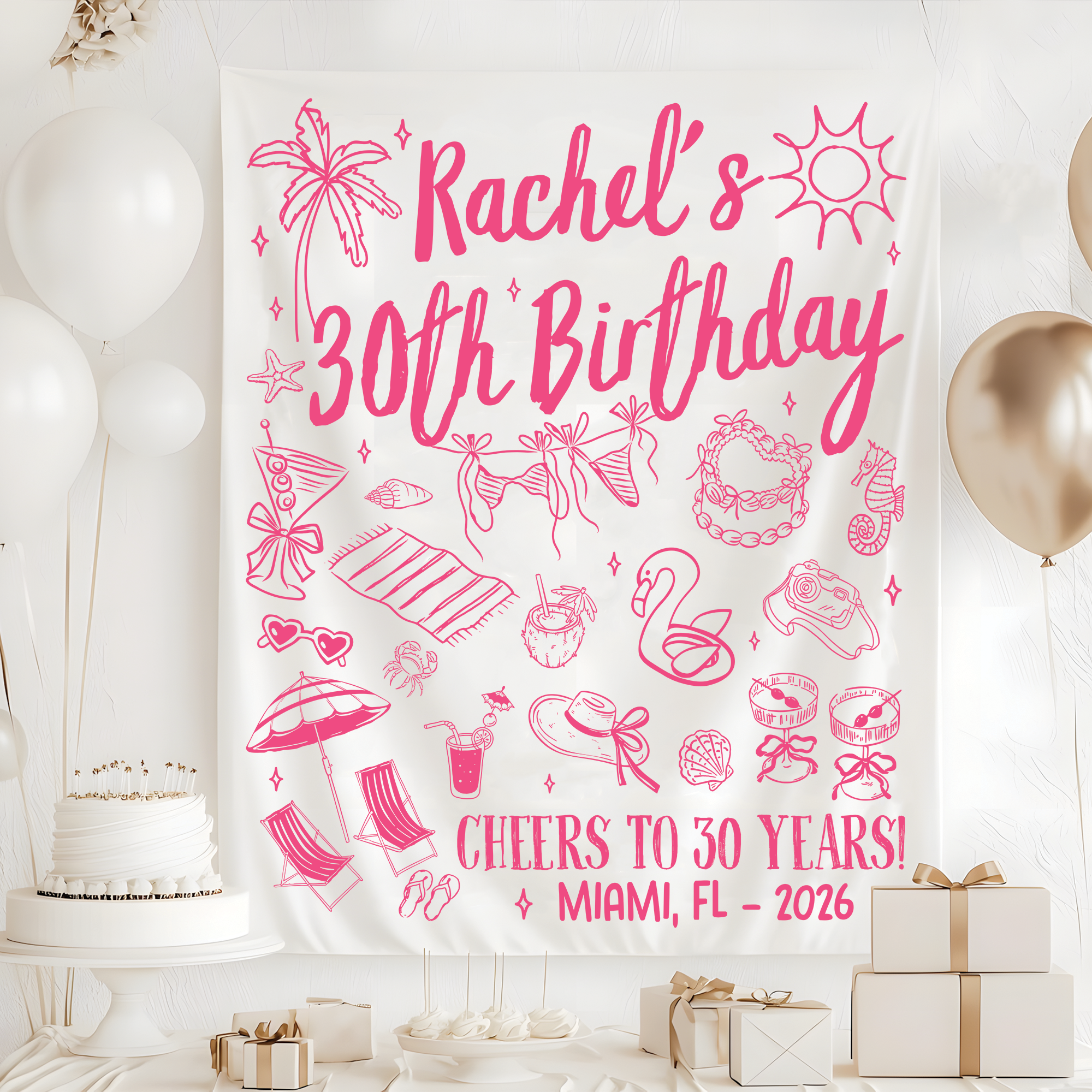 Personalized Beach Birthday Party Tapestry, Cheers To 30 Years Banner Personalized Beach Birthday Party Tapestry, Cheers To 30 Years Banner - Image 2