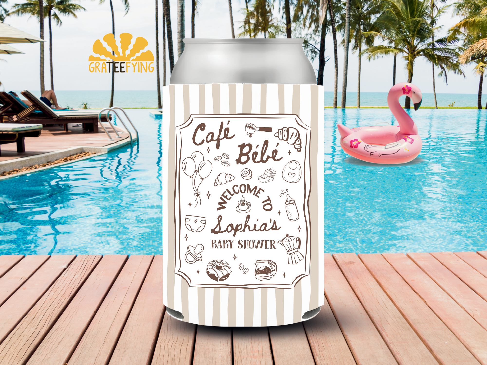 Cafe Bebe Baby Shower Party Can Cooler, Parisian Cafe Theme Coozie Cafe Bebe Baby Shower Party Can Cooler, Parisian Cafe Theme Coozie - Image 2