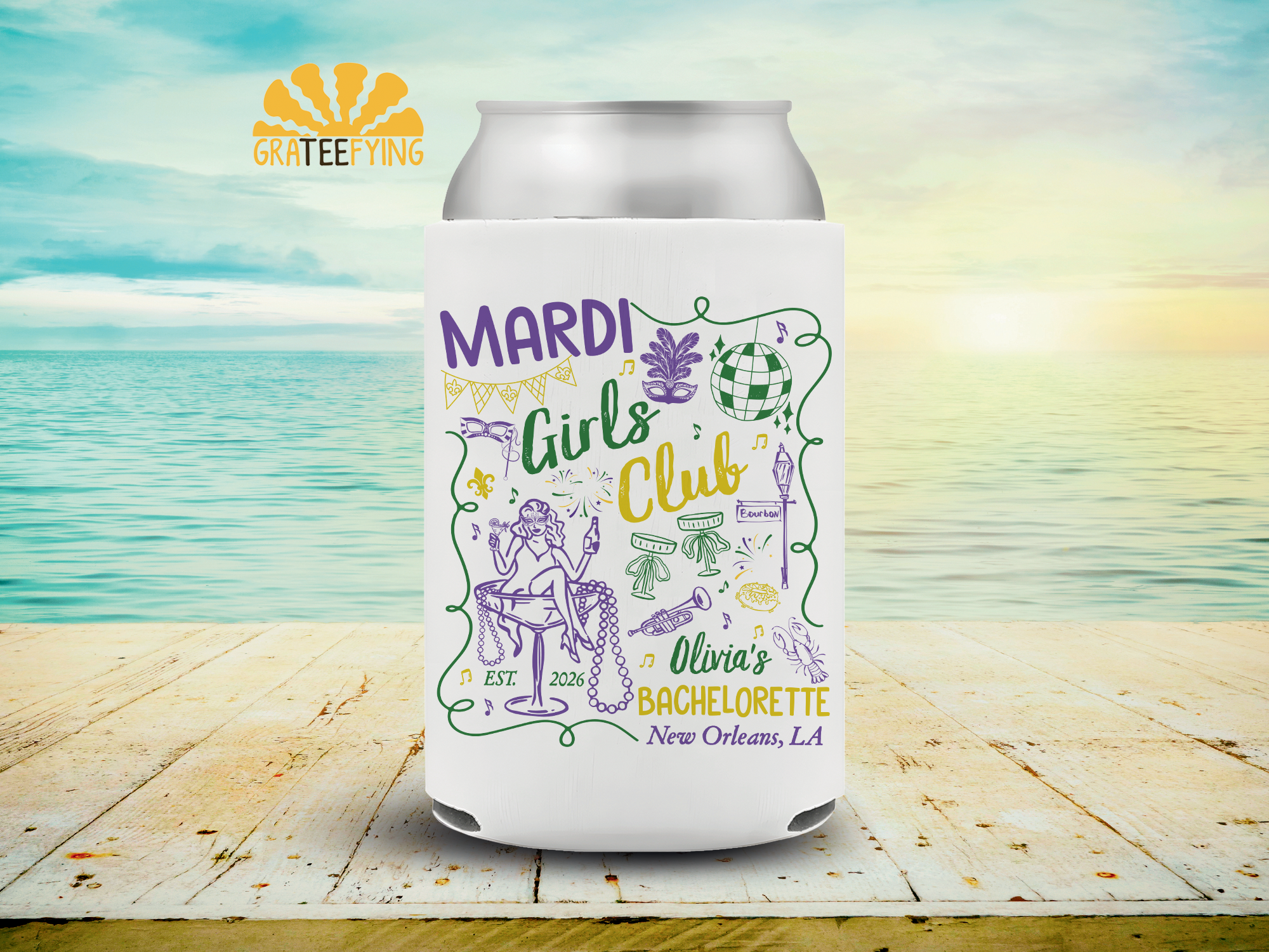 Mardi Girls Club Party Can Cooler, Mardi Gras Bachelorette Can Cooler Mardi Girls Club Party Can Cooler, Mardi Gras Bachelorette Can Cooler - Image 2