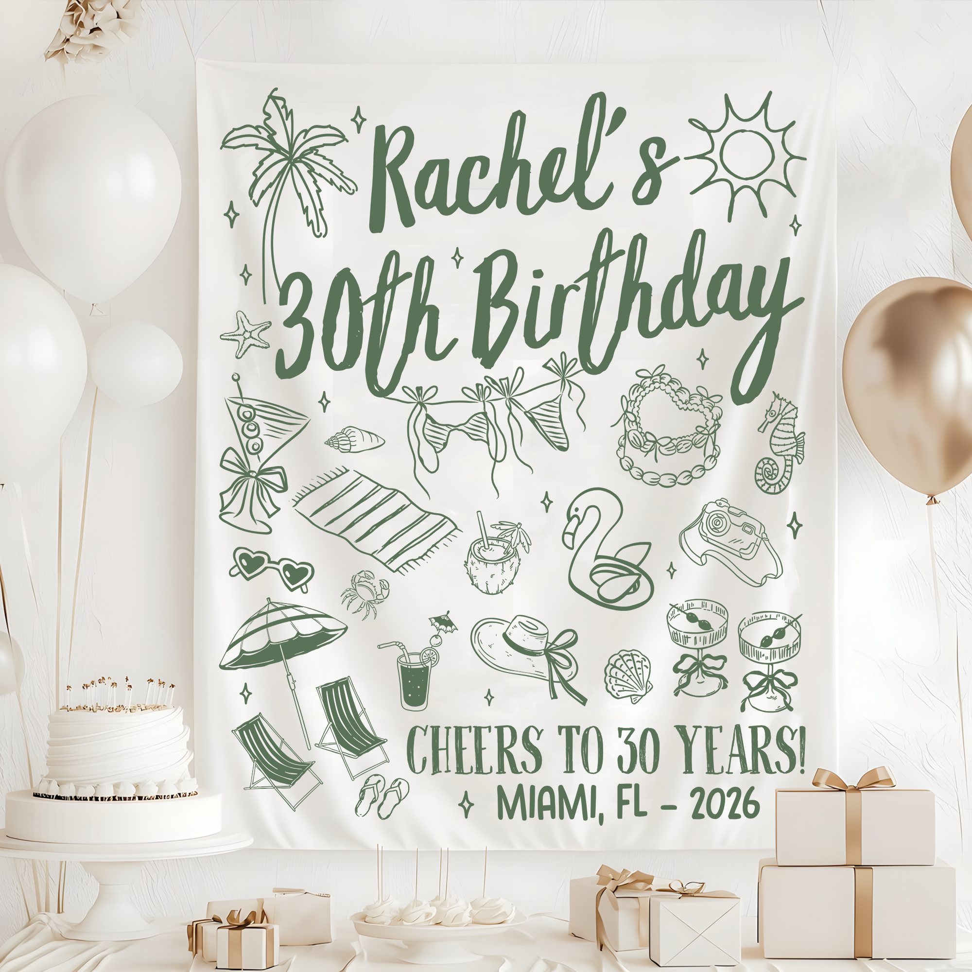 Personalized Beach Birthday Party Tapestry, Cheers To 30 Years Banner Personalized Beach Birthday Party Tapestry, Cheers To 30 Years Banner - Image 3