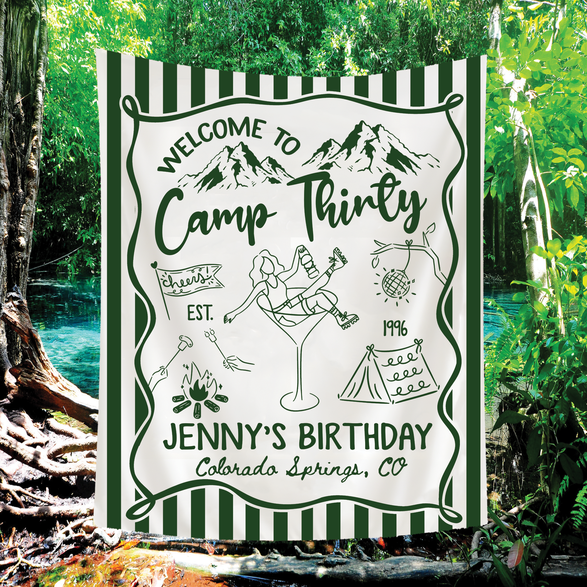 Personalized Camp Birthday Tapestry – Glamping Backdrop Personalized Camp Birthday Tapestry – Glamping Backdrop - Image 3