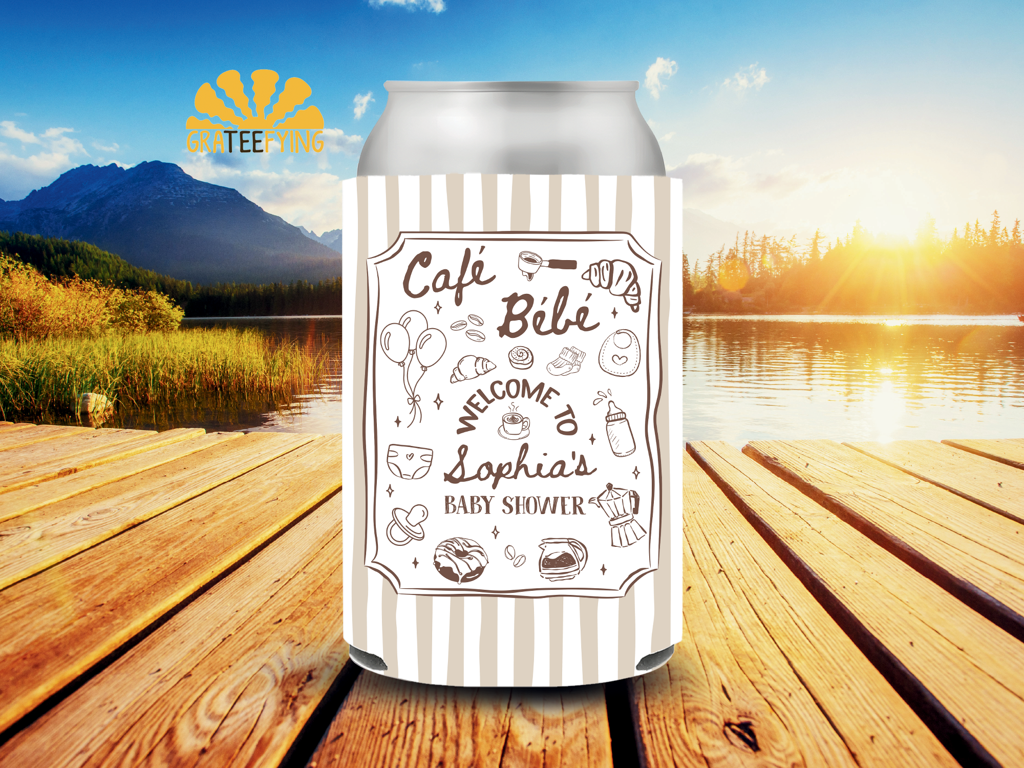 Cafe Bebe Baby Shower Party Can Cooler, Parisian Cafe Theme Coozie Cafe Bebe Baby Shower Party Can Cooler, Parisian Cafe Theme Coozie - Image 3