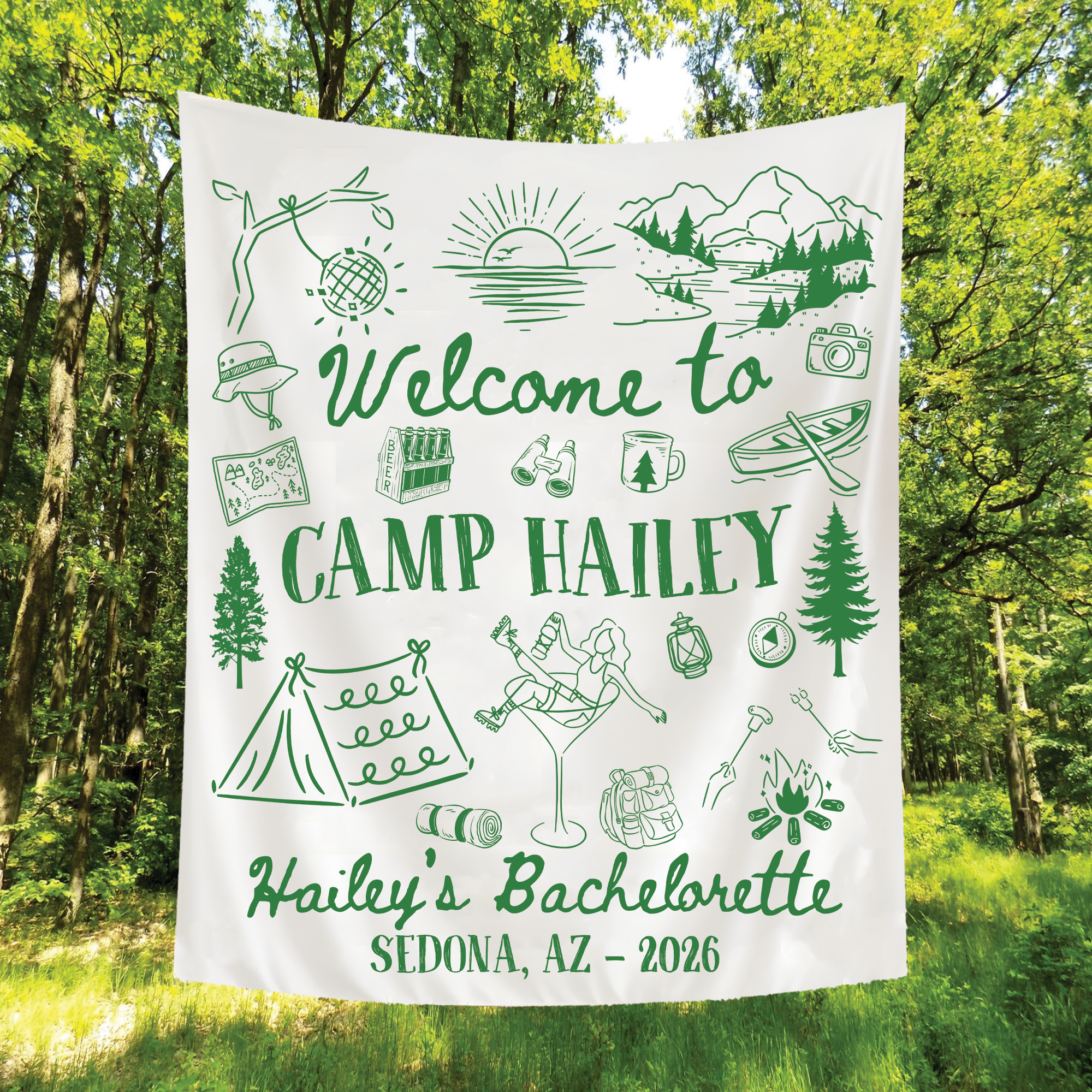 Personalized Camping Bachelorette Tapestry – Custom Camp Bach Banner Personalized Camping Bachelorette Tapestry – Custom Camp Bach Banner - Image 3