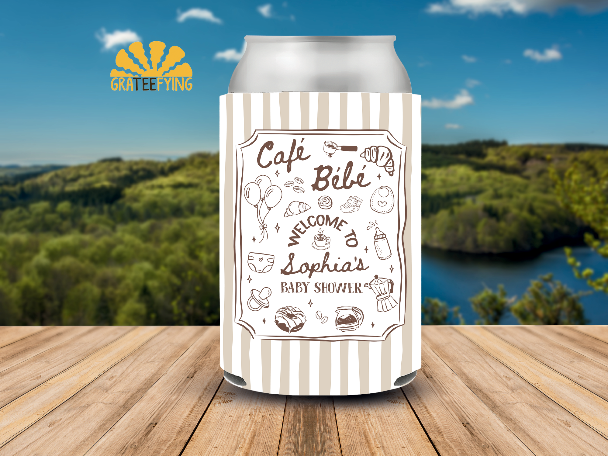 Cafe Bebe Baby Shower Party Can Cooler, Parisian Cafe Theme Coozie Cafe Bebe Baby Shower Party Can Cooler, Parisian Cafe Theme Coozie - Image 4