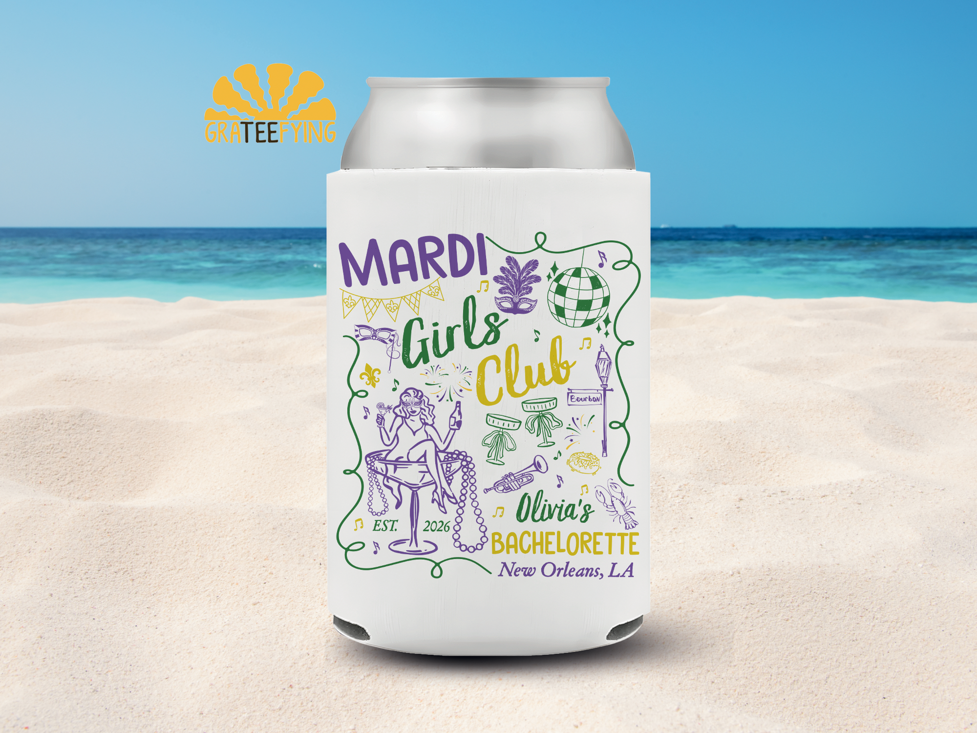 Mardi Girls Club Party Can Cooler, Mardi Gras Bachelorette Can Cooler Mardi Girls Club Party Can Cooler, Mardi Gras Bachelorette Can Cooler - Image 4