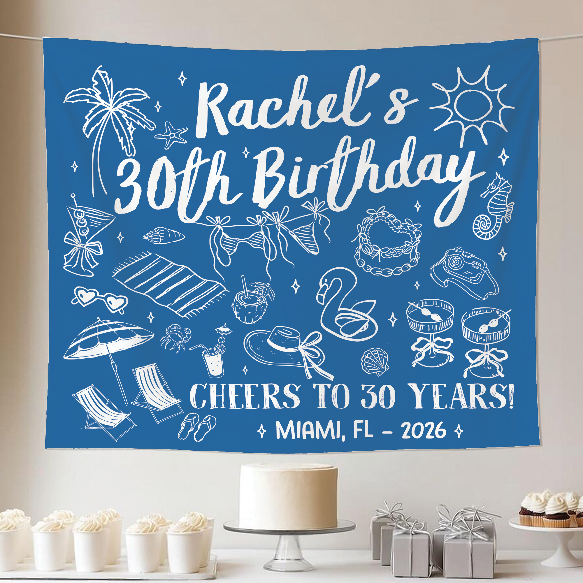 Personalized Beach Birthday Party Tapestry, Cheers To 30 Years Banner Personalized Beach Birthday Party Tapestry, Cheers To 30 Years Banner - Image 4
