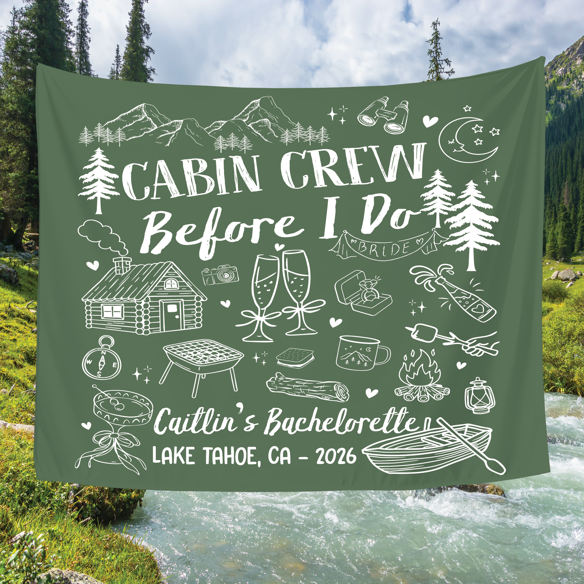 Custom Camp Bachelorette Party Tapestry, Cabin Crew Before I Do Party Banner Custom Camp Bachelorette Party Tapestry, Cabin Crew Before I Do Party Banner - Image 4