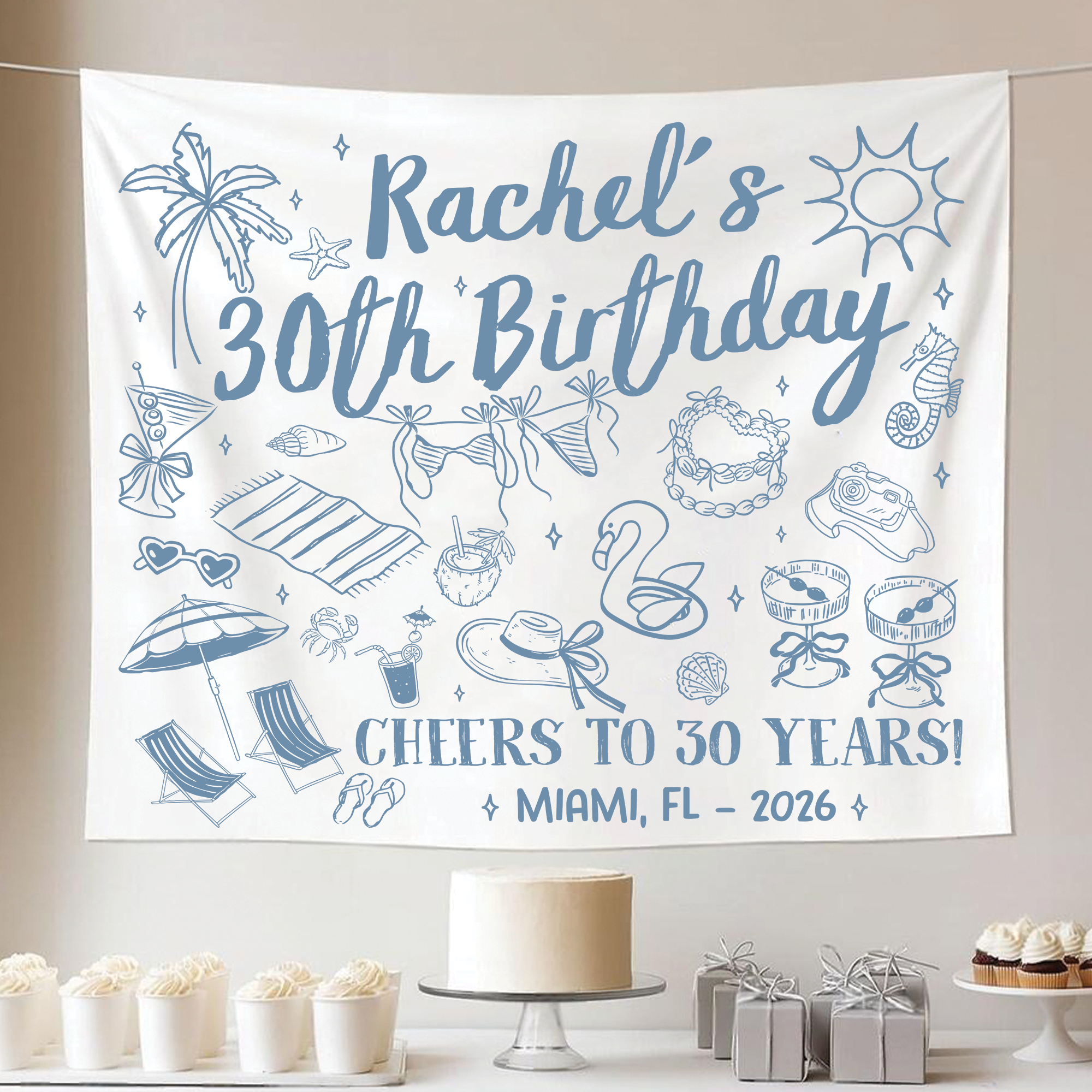 Personalized Beach Birthday Party Tapestry, Cheers To 30 Years Banner Personalized Beach Birthday Party Tapestry, Cheers To 30 Years Banner - Image 5
