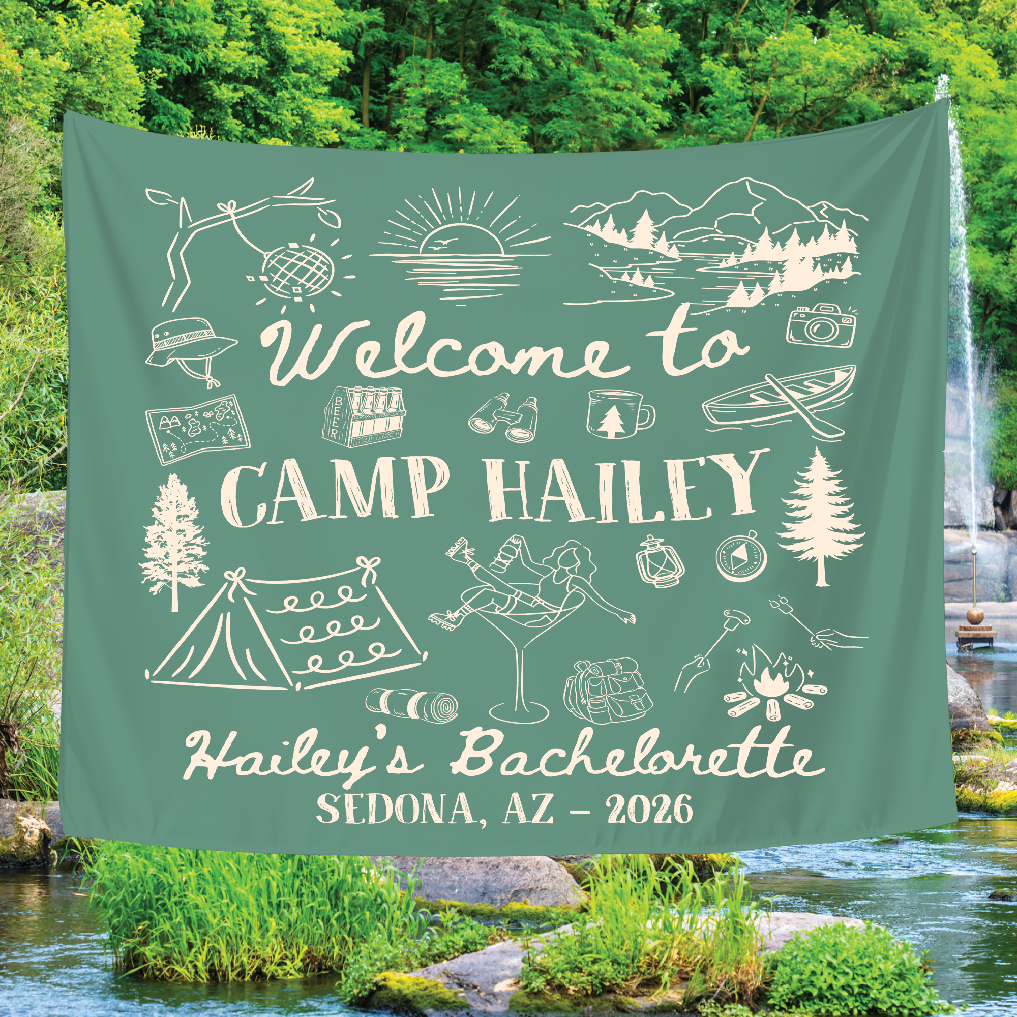Personalized Camping Bachelorette Tapestry – Custom Camp Bach Banner Personalized Camping Bachelorette Tapestry – Custom Camp Bach Banner - Image 5
