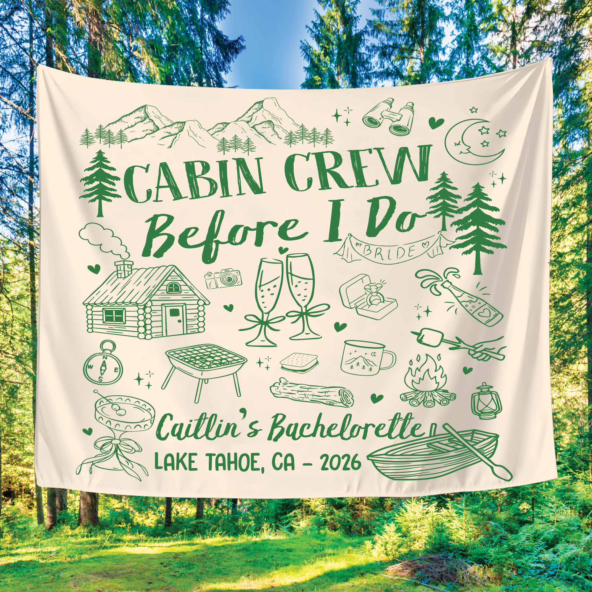 Custom Camp Bachelorette Party Tapestry, Cabin Crew Before I Do Party Banner Custom Camp Bachelorette Party Tapestry, Cabin Crew Before I Do Party Banner - Image 6